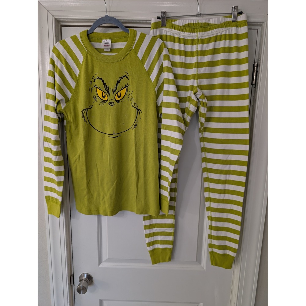 Hanna Andersson Grinch Organic Cotton Pajama Set Green White Striped Mens M